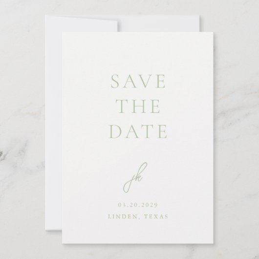 Elegantes Foto Sage Green Script Monogram Wedding Save The Date (Vorderseite)