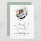 Elegantes Foto Sage Hochzeit Romantische Schrift Einladung (Vorne/Hinten)