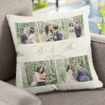 Elegantes Foto sammelt Mr. und Mrs. name personali Kissen<br><div class="desc">Elegante klassische Imitate Gold romantische Kalligraphie Drehbuch Mr. und Mrs. Foto Collage,  Name und Hochzeit Datum personalisiert creme Elfenbein werfen Kissen.</div>