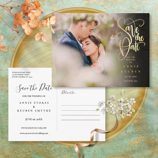 Elegantes Foto Save the Date Chic Gold Script Postkarte
