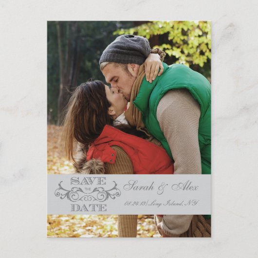Elegantes Foto Save the Date Grau Swirl Postkarte (Vorderseite)