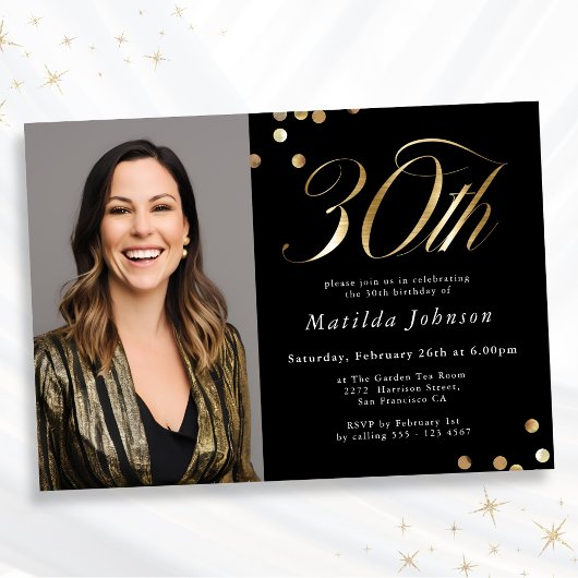 Elegantes Foto Schwarz und Gold 30. Geburtstag Einladung