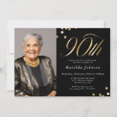 Elegantes Foto Schwarz und Gold 90. Geburtstag Einladung (Vorderseite)