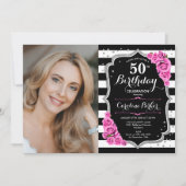 Elegantes Foto Schwarzes Silber Rosa 50. Geburtsta Einladung (Vorderseite)
