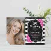 Elegantes Foto Schwarzes Silber Rosa 50. Geburtsta Einladung (Stehend Vorderseite)