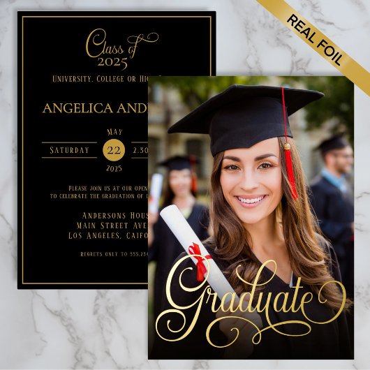 Elegantes Foto Script Graduate Black Folieneinladung