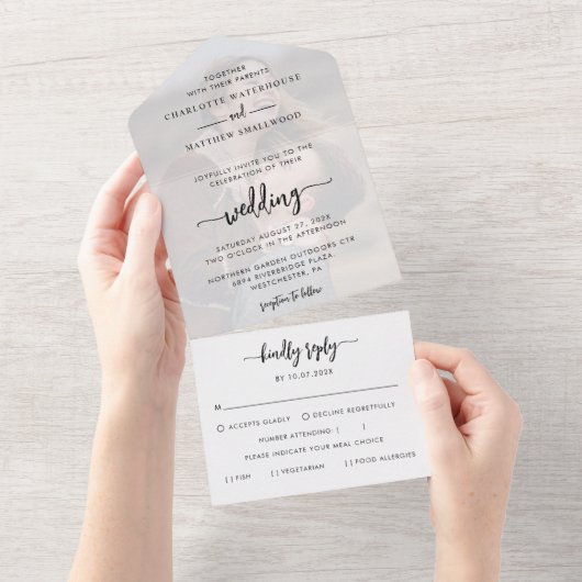 Elegantes Foto Script Hochzeit All In One Einladung (Abreißen)