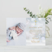 Elegantes Foto Signature Script Wintertaufe Dankeskarte (Stehend Vorderseite)