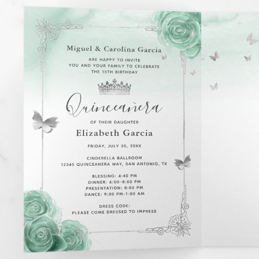 Elegantes Foto Silver und Seafoam Green Quinceñera Dreifach Gefaltete Einladung (Innen Erste Seite)