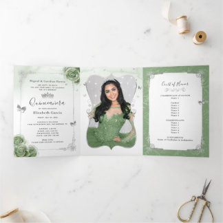 Elegantes Foto Spanisch Sage Green Silver Quince Dreifach Gefaltete Einladung