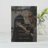 Elegantes Foto überlagern Imitate Gold Schwarze Ho Einladung (Stehend Vorderseite)