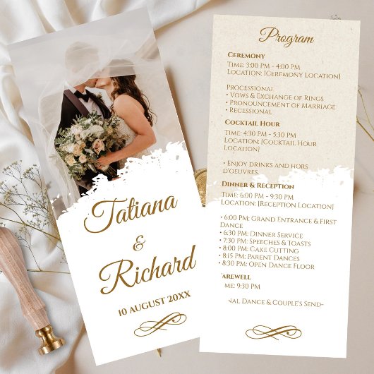 Elegantes Foto- und Goldschrift-Hochzeitsprogramm Programm