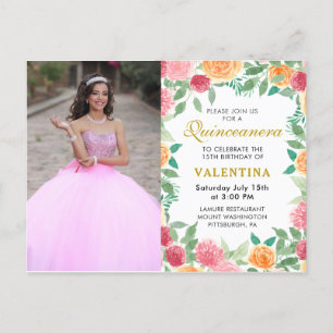 Elegantes Foto Watercolor Floral Quinceanera Einladungspostkarte