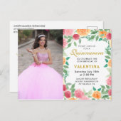 Elegantes Foto Watercolor Floral Quinceanera Einladungspostkarte (Vorne/Hinten)