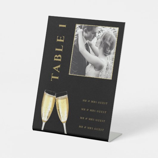 Elegantes Foto Wedding Champagne Tischnummer Sockelschild (Vorderseite)