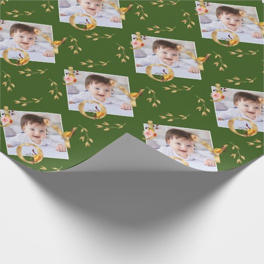 Elegantes Foto zu Weihnachten Grün und Gold Joy  Geschenkpapier (Ecke)
