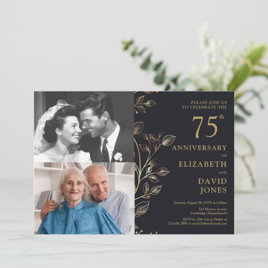 Elegantes Foto zum 75. Hochzeitstag Einladung (Stehend Vorderseite)