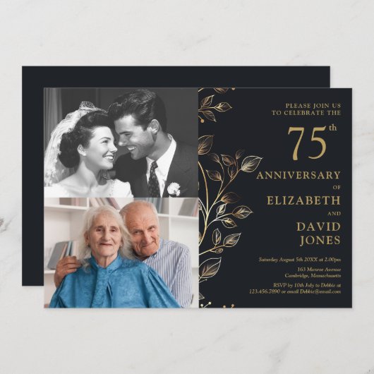 Elegantes Foto zum 75. Hochzeitstag Einladung (Vorne/Hinten)