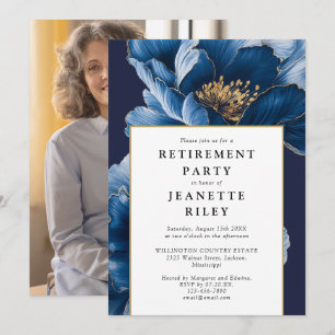 Elegantes Foto zur Navy-blauen Blumen-Ruhestandsfe Einladung
