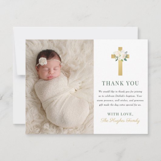 Elegantes Foto zur Taufe des Blumen Dankeskarte (Vorderseite)