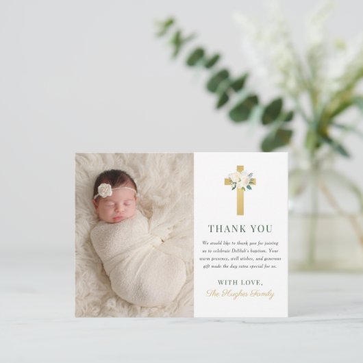 Elegantes Foto zur Taufe des Blumen Dankeskarte (Stehend Vorderseite)