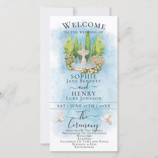 Elegantes Fountain-Tauben Luxus-Hochzeitsprogramm (Vorderseite)