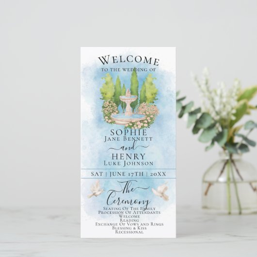 Elegantes Fountain-Tauben Luxus-Hochzeitsprogramm (Stehend Vorderseite)