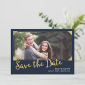 Elegantes Frame Imitate Gold Blue Foto Save the Da Date (Stehend Vorderseite)