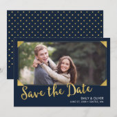 Elegantes Frame Imitate Gold Blue Foto Save the Da Date (Vorne/Hinten)