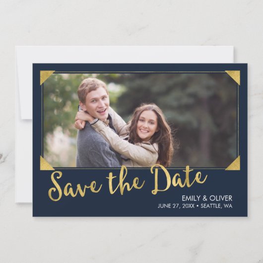 Elegantes Frame Imitate Gold Blue Foto Save the Da Save The Date (Vorderseite)