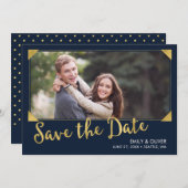Elegantes Frame Imitate Gold Blue Foto Save the Da Save The Date (Vorne/Hinten)