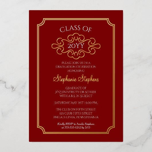 Elegantes Frame Red Uni-Abschluss Party Folieneinladung (Vorderseite)