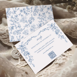 Elegantes Französisch Blue QR Code Vintage Wedding RSVP Karte
