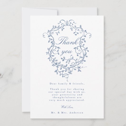 Elegantes französisches Blue Floral Wappen Hochzei Dankeskarte (Vorderseite)
