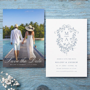 Elegantes französisches Blue Floral Wappen Hochzei Save The Date