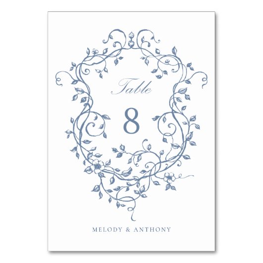 Elegantes französisches Blue Floral Wappen Tischnummer (Rückseite)