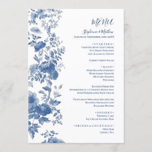 Elegantes französisches Blumen-Toile Blaues Hochze Menükarte