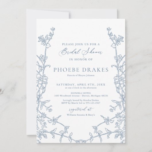 Elegantes französisches Blumenrahmen-Brautparty Einladung (Vorderseite)