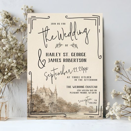 Elegantes französisches Chateau Hand Drawn Beige H Einladung