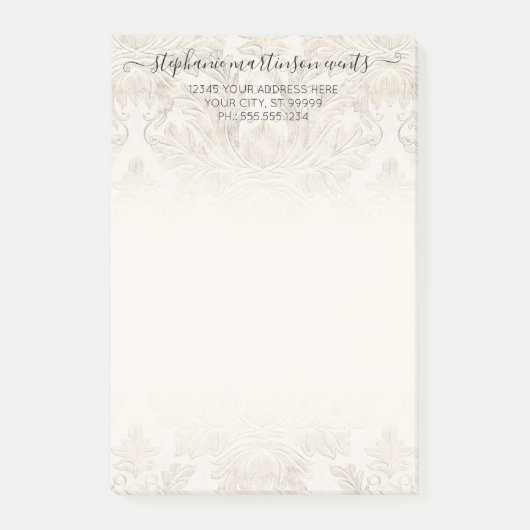 Elegantes französisches Damask Ivory Beruflich Bus Post-it Klebezettel (Vorderseite)