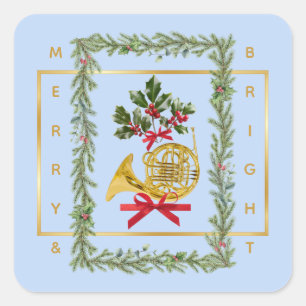 Elegantes französisches Horn Weihnachten Hellblau Quadratischer Aufkleber