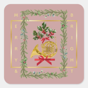 Elegantes französisches Horn Weihnachten Mauve Quadratischer Aufkleber