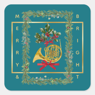 Elegantes französisches Horn Weihnachten Türkis Quadratischer Aufkleber