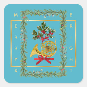 Elegantes französisches Horn Weihnachten Türkis Quadratischer Aufkleber