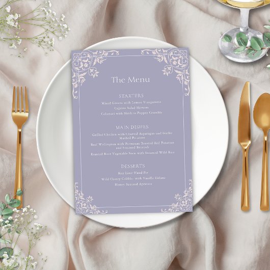 Elegantes französisches Lilac Vintag Frame Wedding Menükarte