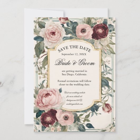 Elegantes französisches Rosa und Goldflora Viktori Save The Date (Vorderseite)