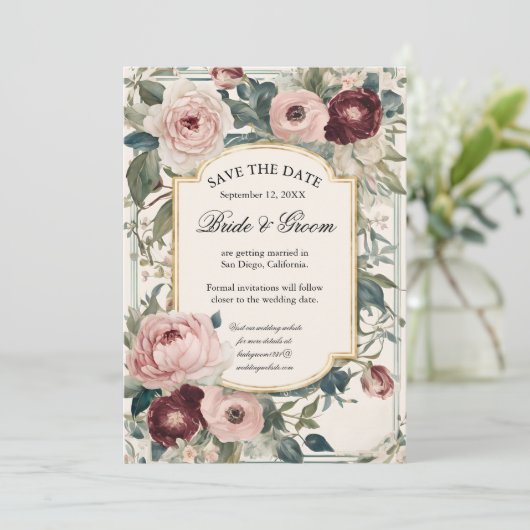 Elegantes französisches Rosa und Goldflora Viktori Save The Date (Stehend Vorderseite)