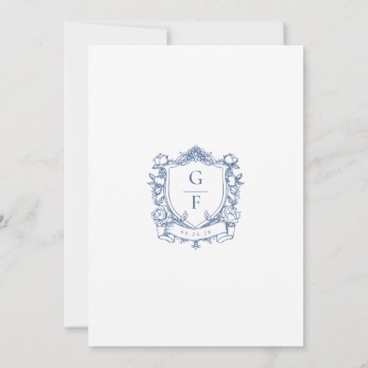 Elegantes französisches Rose Blue Monogram Wappen Save The Date (Rückseite)