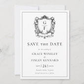 Elegantes französisches Rose-Monogramm-Wappen Hoch Save The Date (Vorderseite)