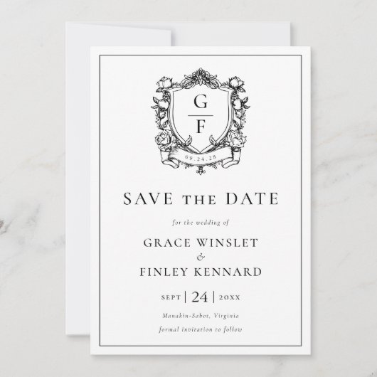 Elegantes französisches Rose-Monogramm-Wappen Hoch Save The Date (Vorderseite)